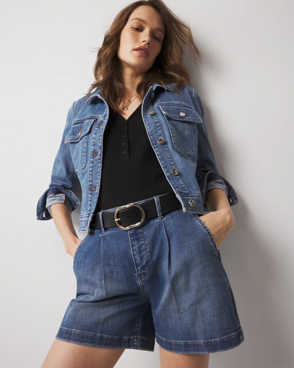 High-Rise Pleated Denim Short