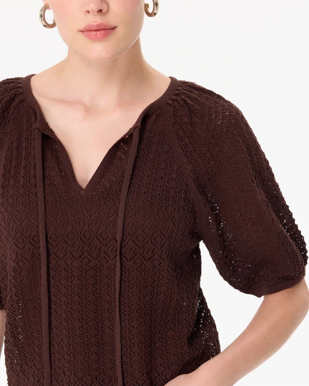 Pointelle Knit Puff Sleeve Pullover click to view larger image.