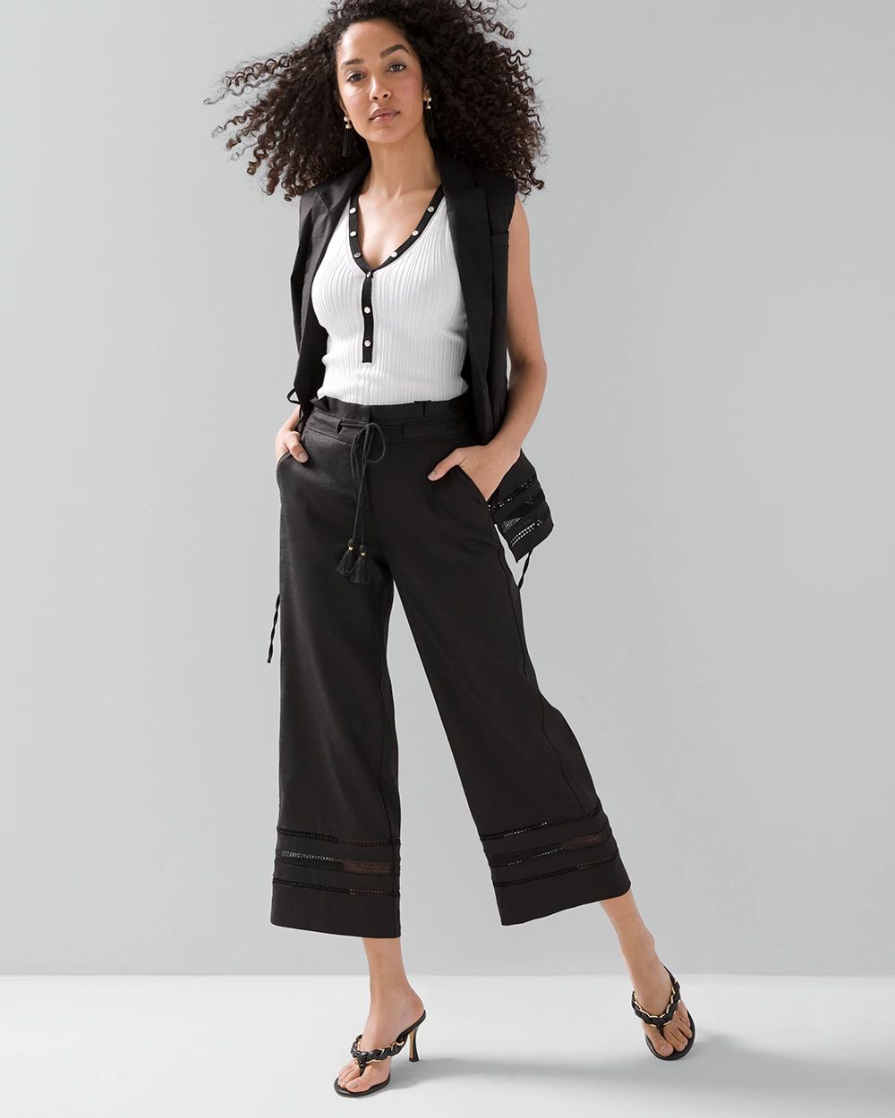 Linen Blend Tassel Tie Wide Leg Crop Pants