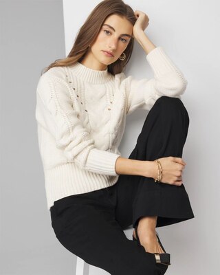 Cabled Mock Neck Pullover Sweater click to view larger image.