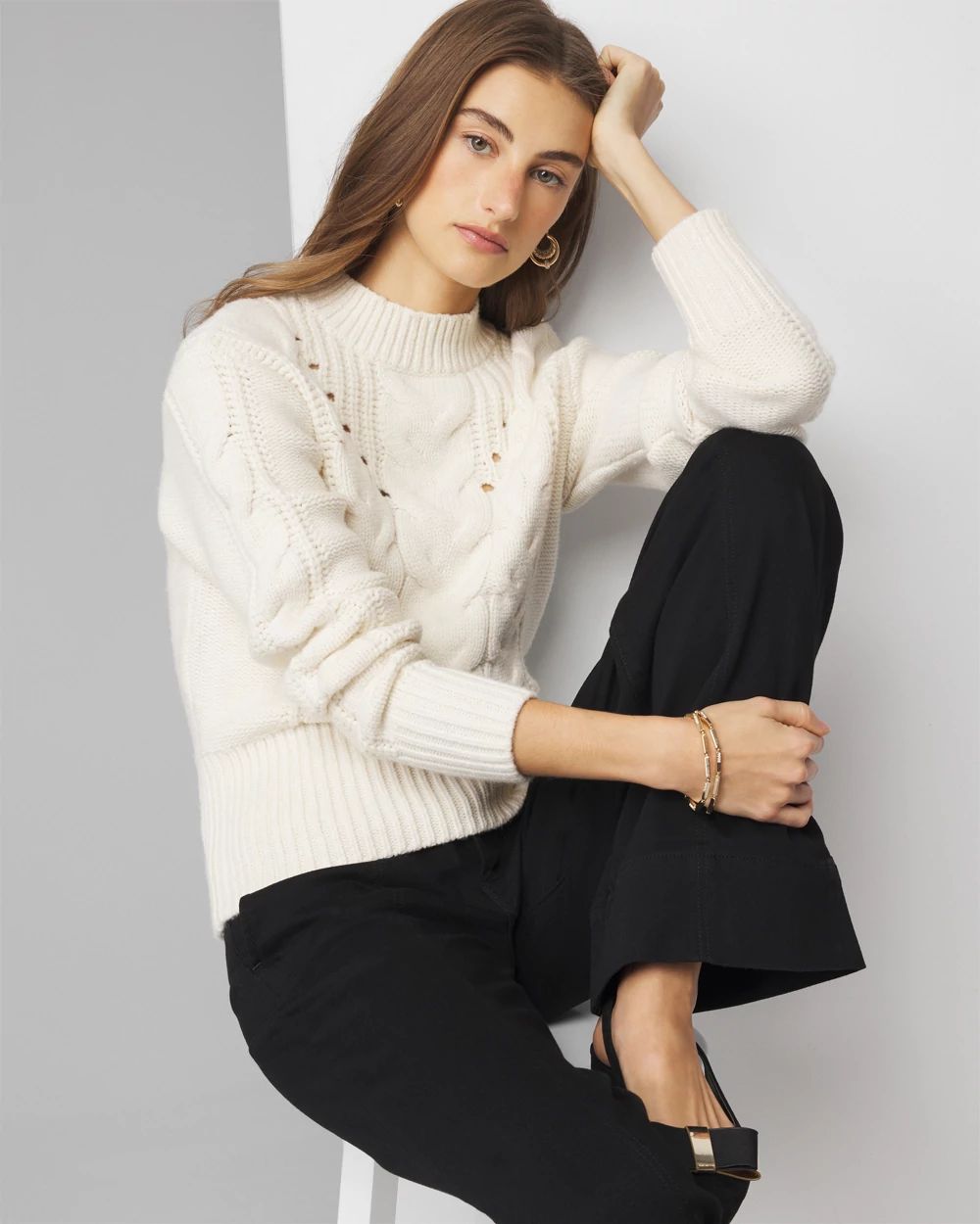 Petite Cabled Mock Neck Pullover Sweater