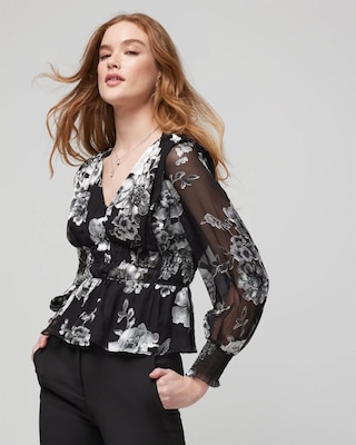 Long-Sleeve Detailed Burnout Blouse