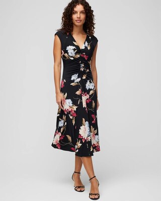Cap Sleeve Matte Jersey Shirred Midi Dress