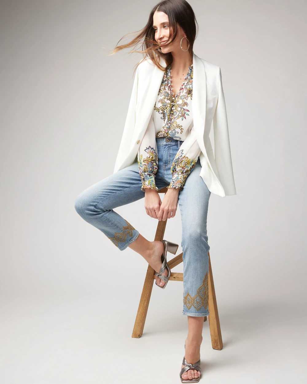 Mid Rise Everyday Soft Denim Embroidered Hem Slim Crop Jeans