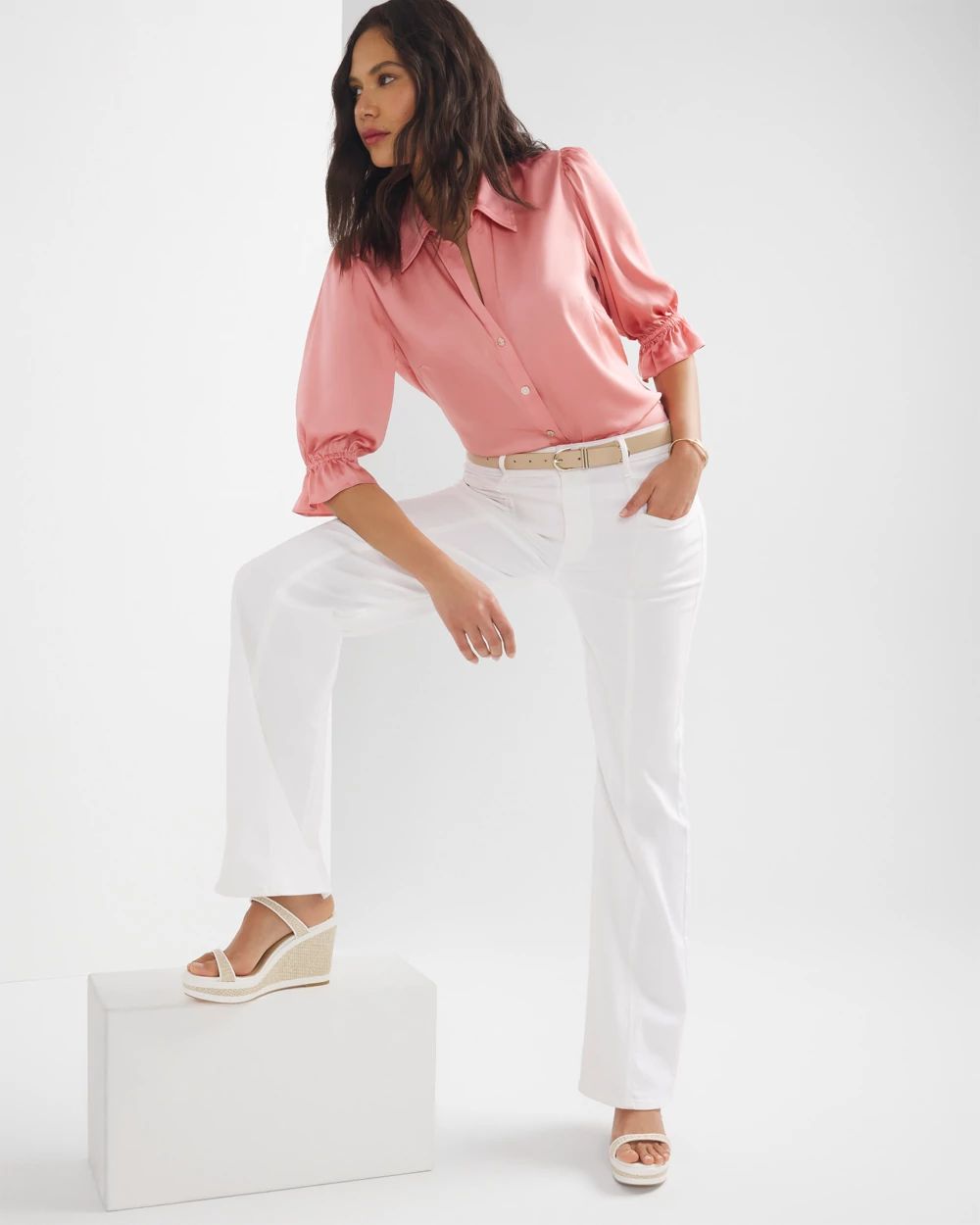 Elbow Sleeve Satin Button Shirt