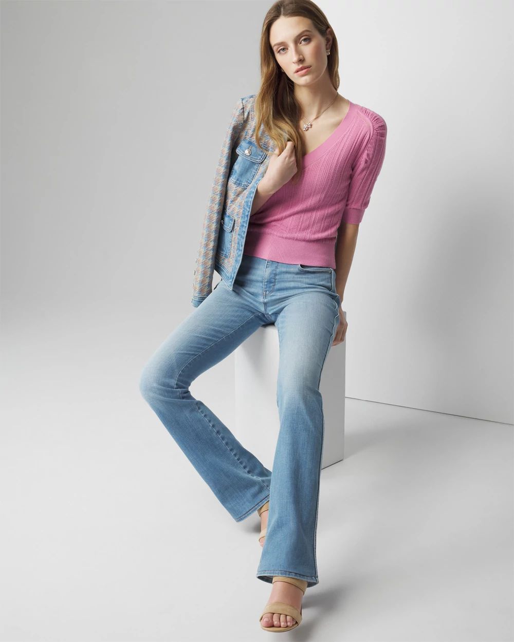 Cashmere-Blend Elbow-Sleeve Shirred Sweater