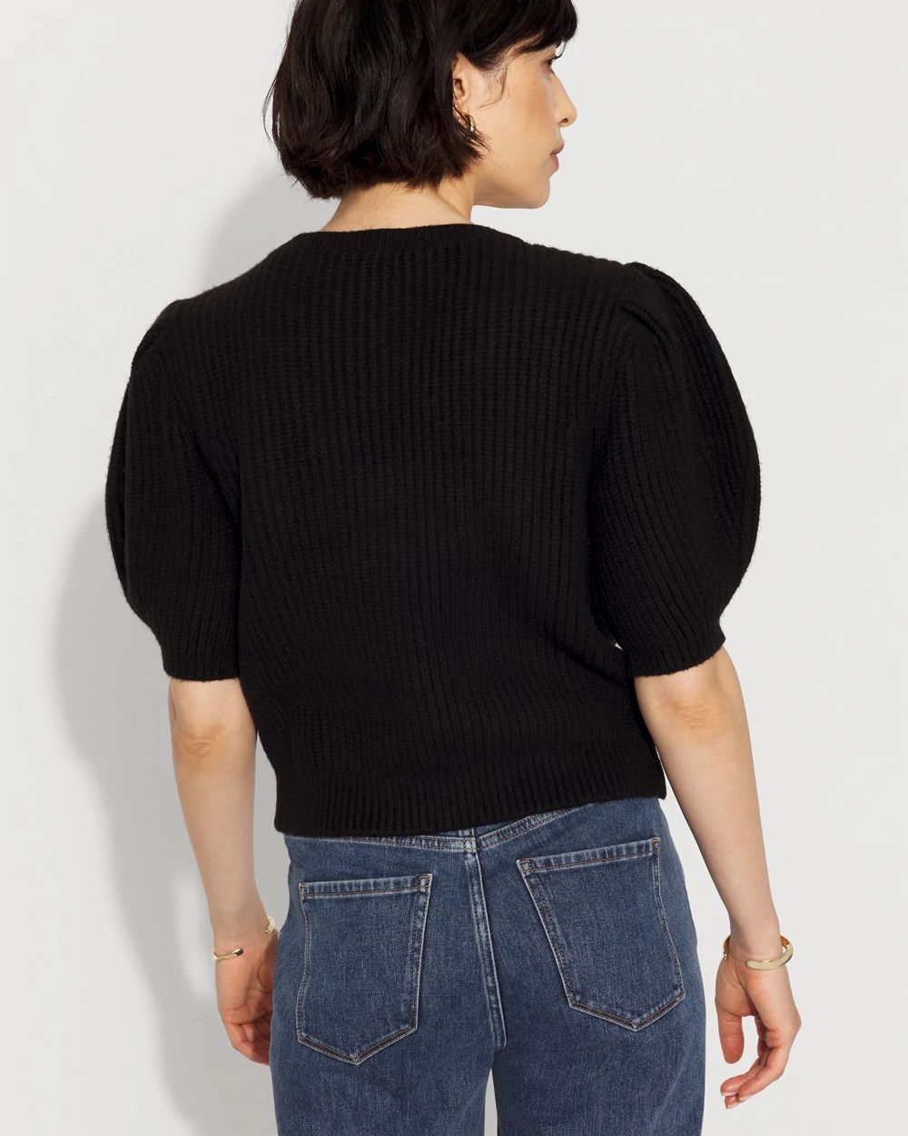 Embellished Puff Sleeve Button-Front Cardigan click to view larger image.