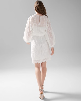 Petite Long-Sleeve White Eyelet Dress