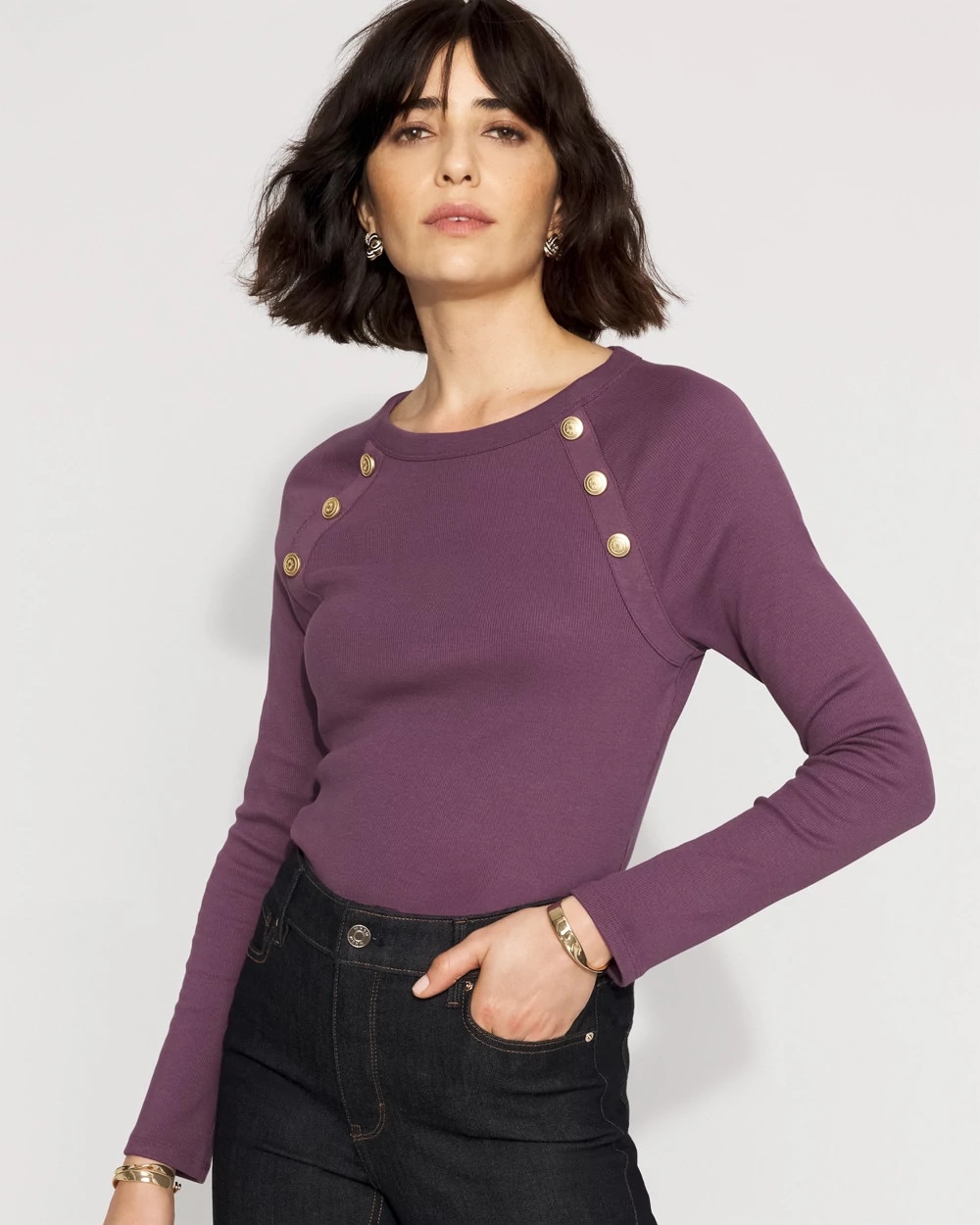 WHBM FORME™ Ribbed Stretch Button Long-Sleeve Tee