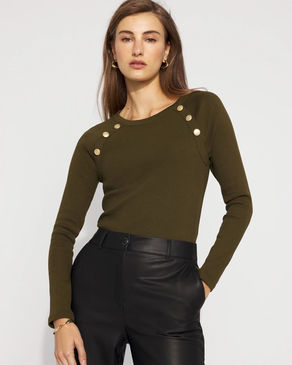 WHBM FORME™ Ribbed Stretch Button Long-Sleeve Tee