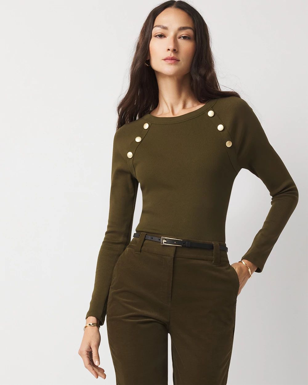 WHBM FORME™ Ribbed Stretch Button Long-Sleeve Tee