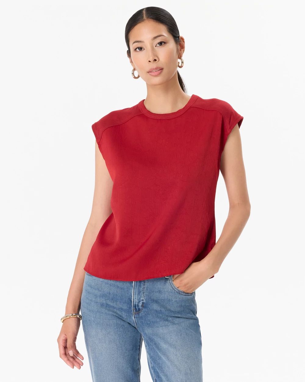Ribbed Trim Satin Tee