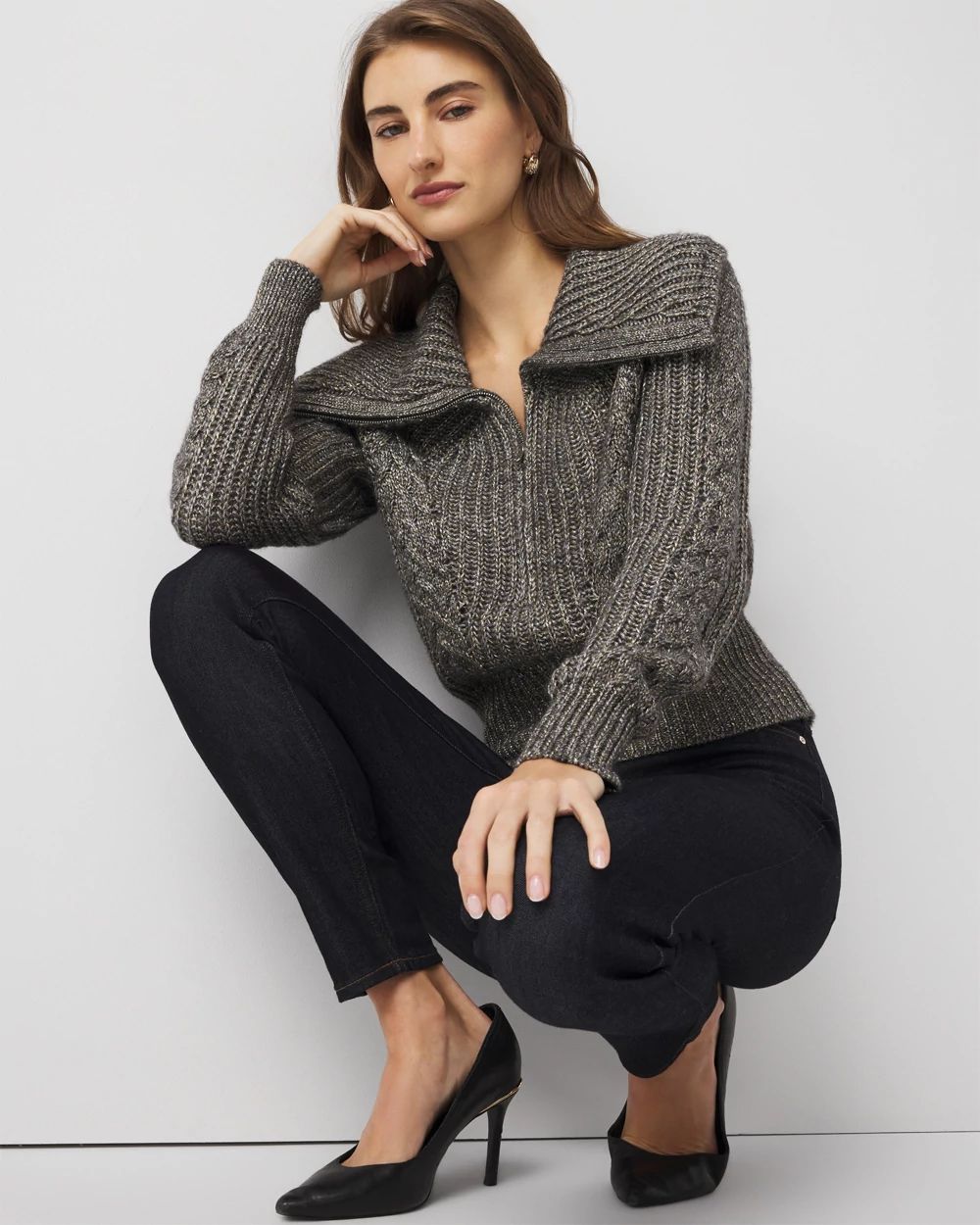 Petite Half Zip Metallic Knit Sweater