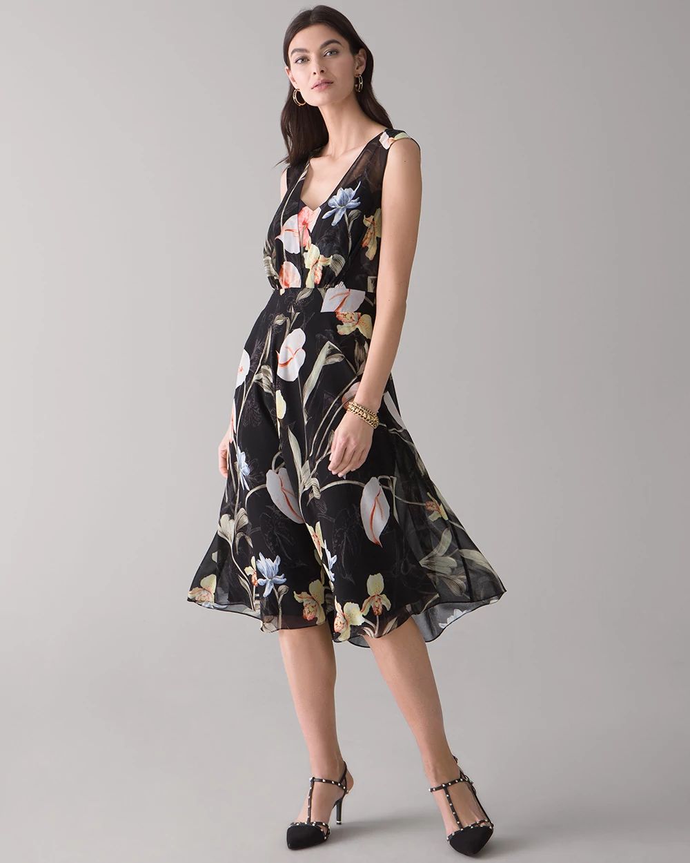 Sleeveless Floral Overlay Midi Dress