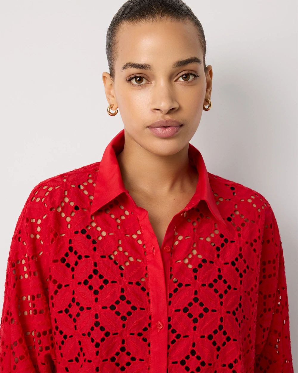 Eyelet Button Front Cotton Shirt