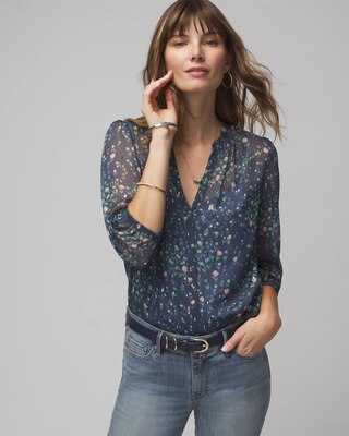 Petite Elbow Sleeve Tie Neck Blouse