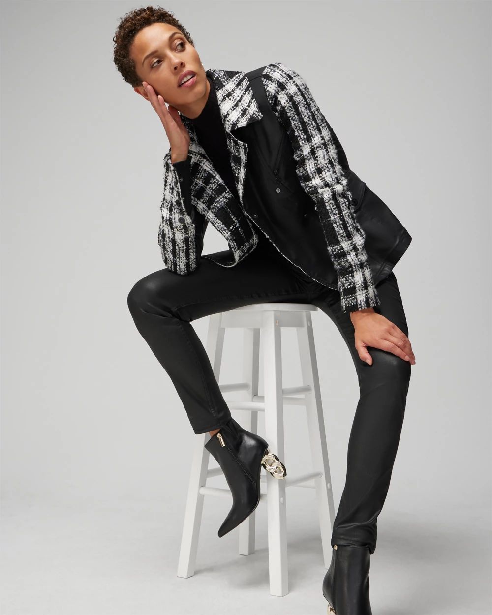 Petite Tweed Pieced Coated Moto Jacket