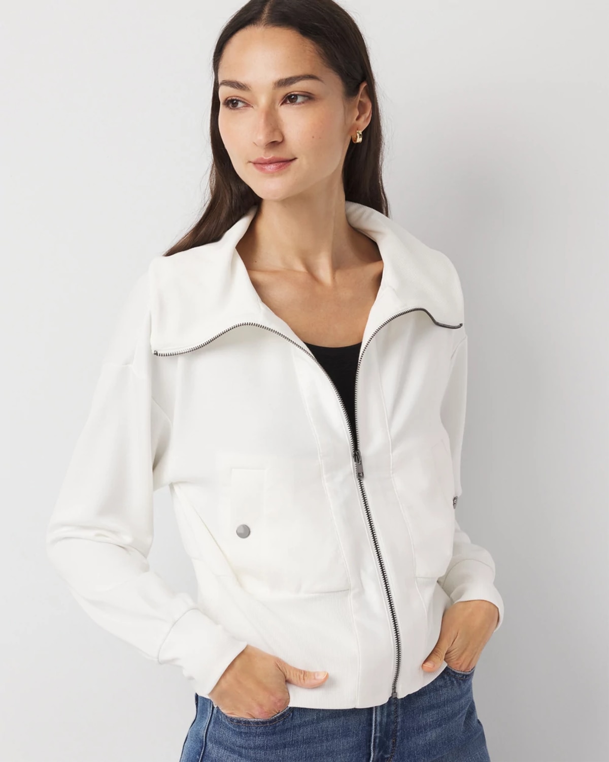 White House Black Market Ribbed Trim Zip-up Jacket In Neutral