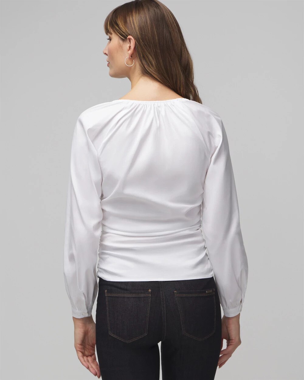 Long Sleeve Ruched V-Neck Poplin Top