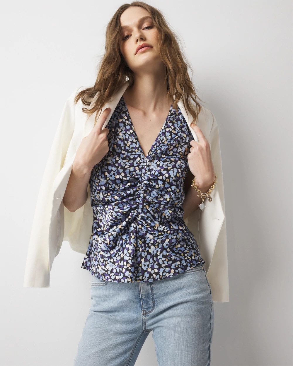 Ruched Front Flutter Sleeve Shell Top