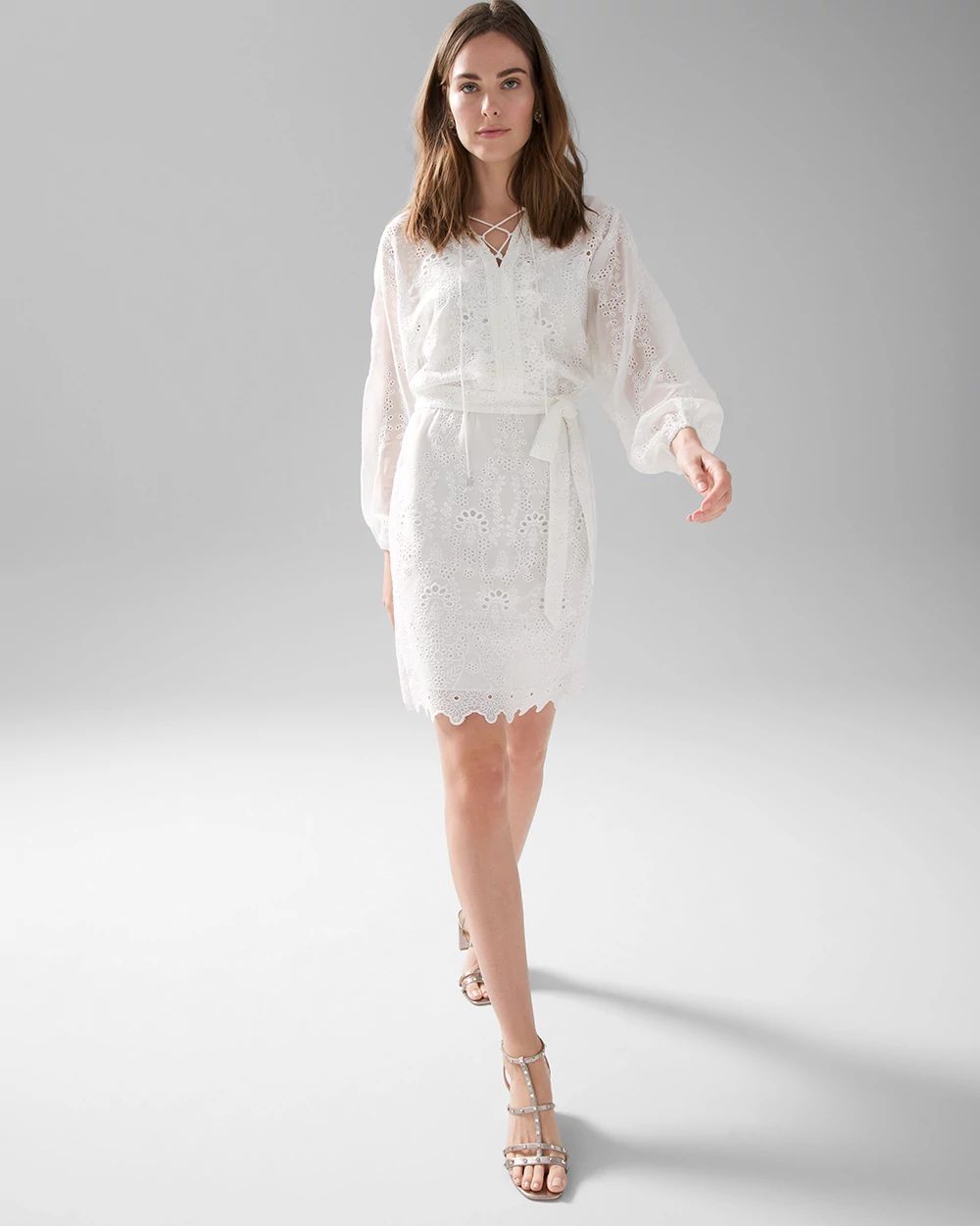 Petite Long-Sleeve White Eyelet Dress