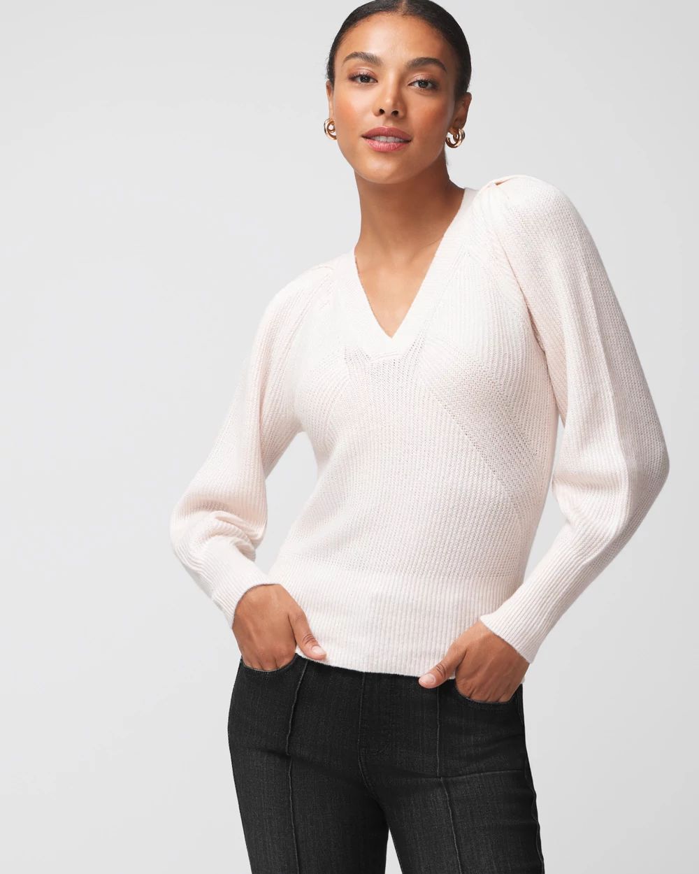Pleated Shoulder V-Neck Pullover