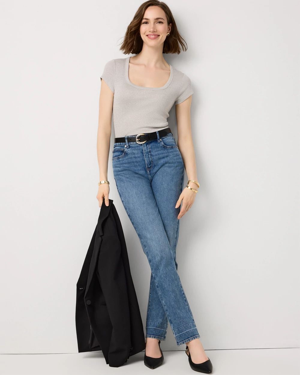 WHBM FORME™ Metallic Ribbed Scoop Neck Tee click to view larger image.