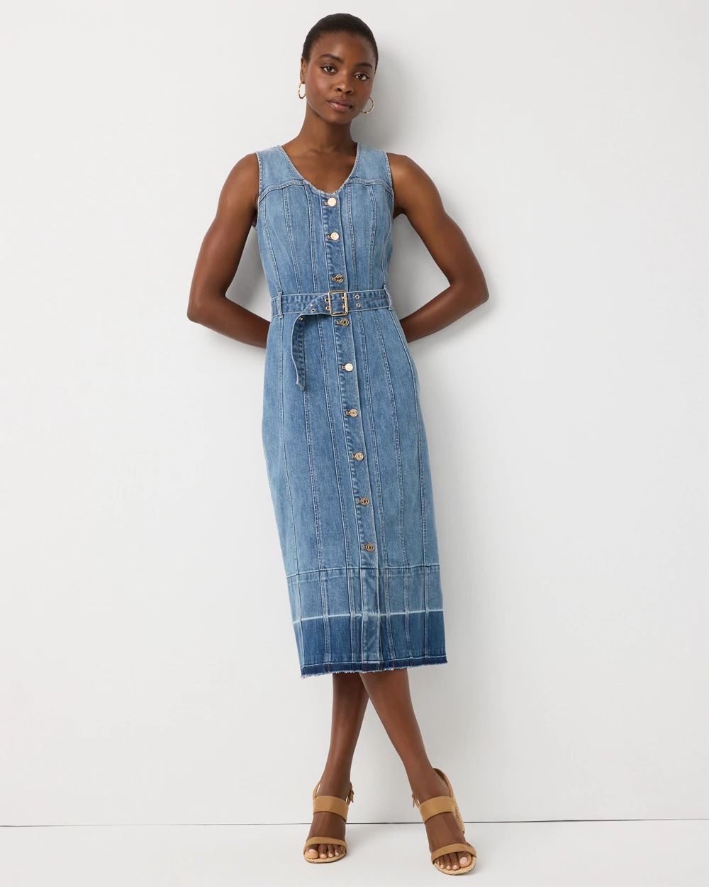 Petite Belted Denim Midi Dress