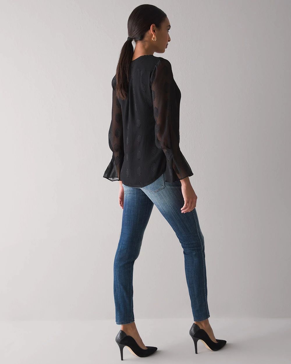 Long Sleeve V-Neck Clip Dot Blouse