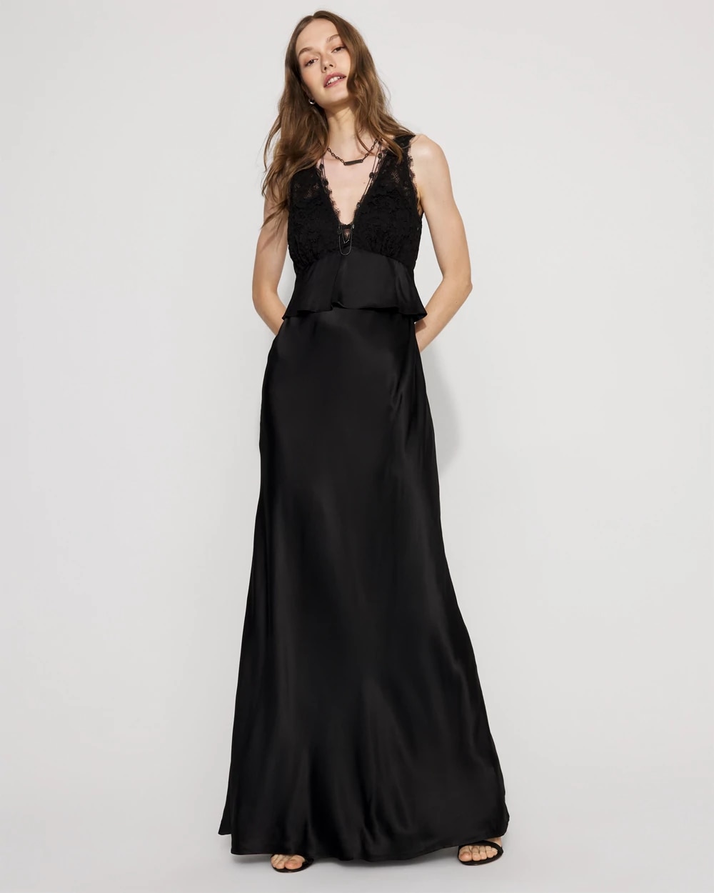 Women's Lace + Satin Peplum Maxi Dress in Black size 6 | White House Black Market Women's Lace + Satin Peplum Maxi Dress in Black size 6 | White House Black Market