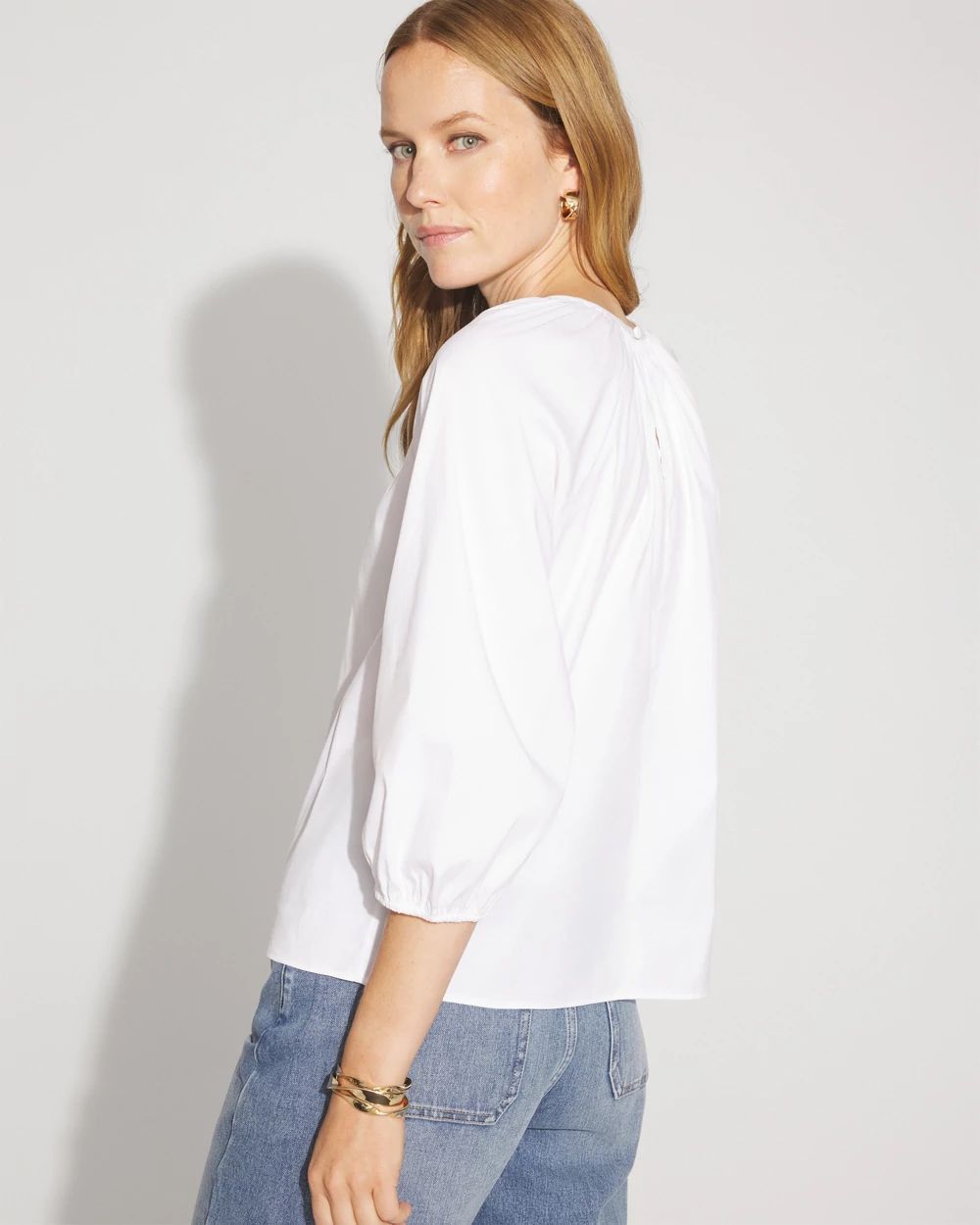 Three-Quarter Sleeve Poplin Blouse with Faux Pearl Pin