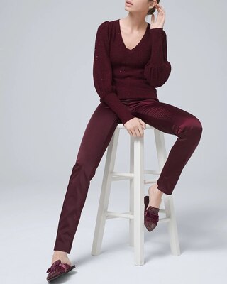 High-Rise Satin Slim Jeans with Ankle Slits