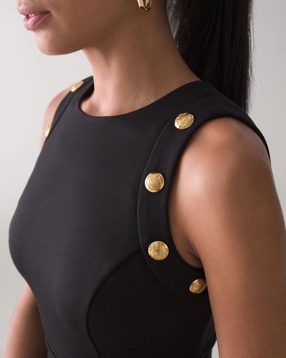 Petite Sleeveless Ponte Fit & Flare Dress With Crest Button Detail