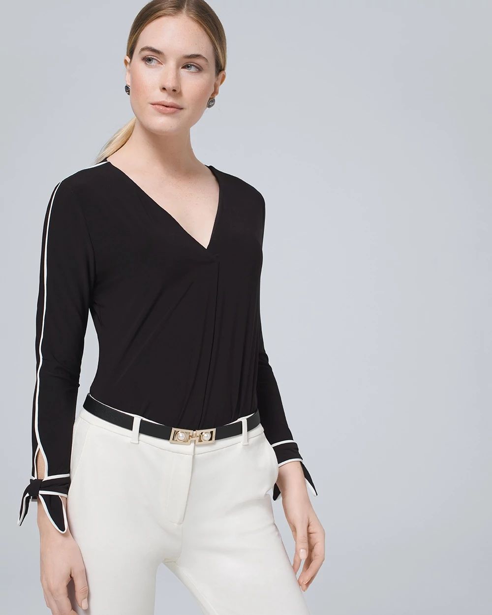 Bow-Cuff Contrast Blouse