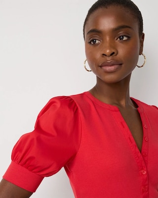 Poplin Puff Sleeve Henley Top click to view larger image.