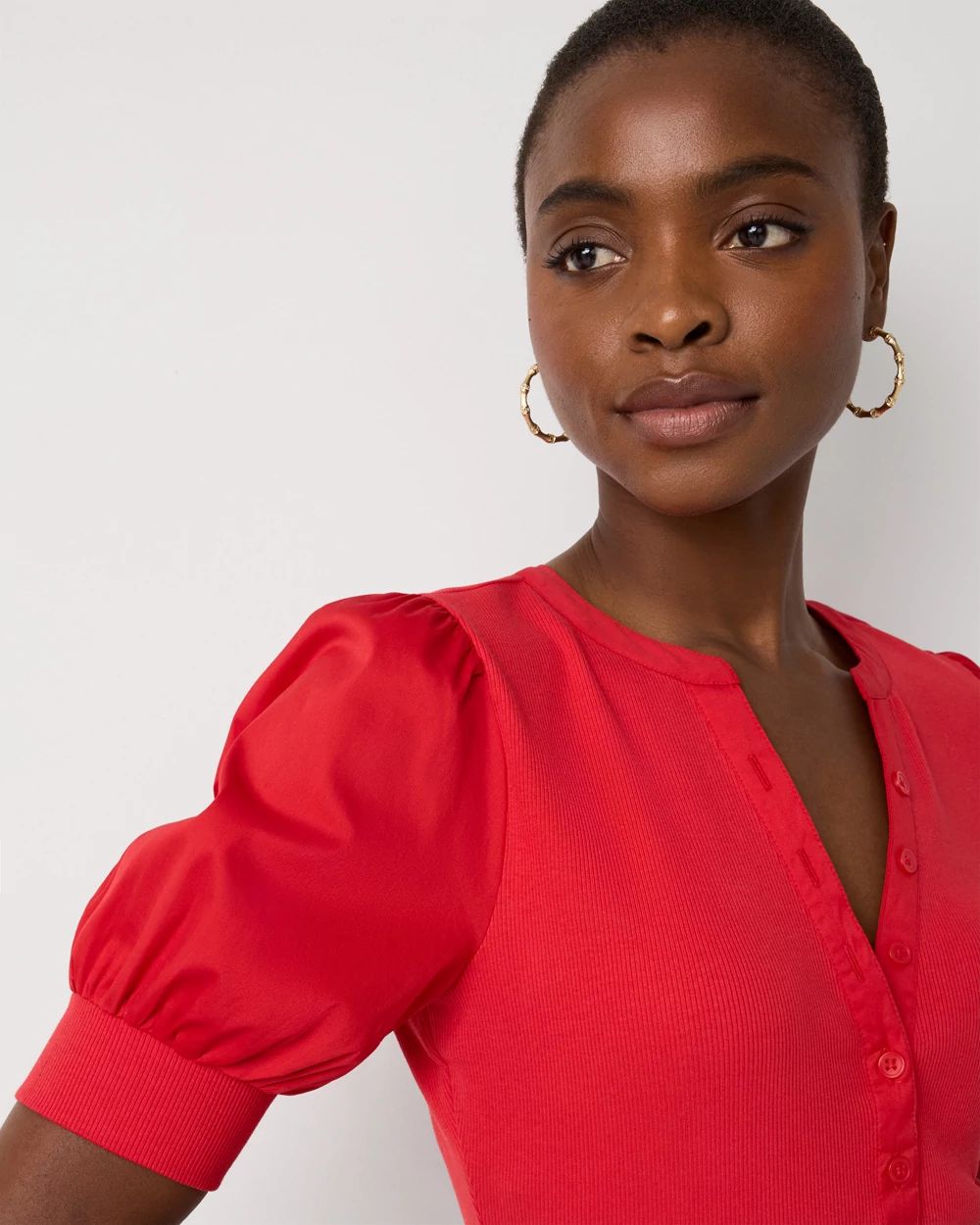 Poplin Puff Sleeve Henley Top