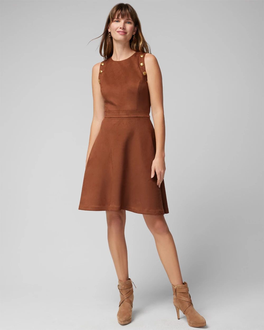 Sleeveless Crest Detail Suede Fit-N-Flare Dress