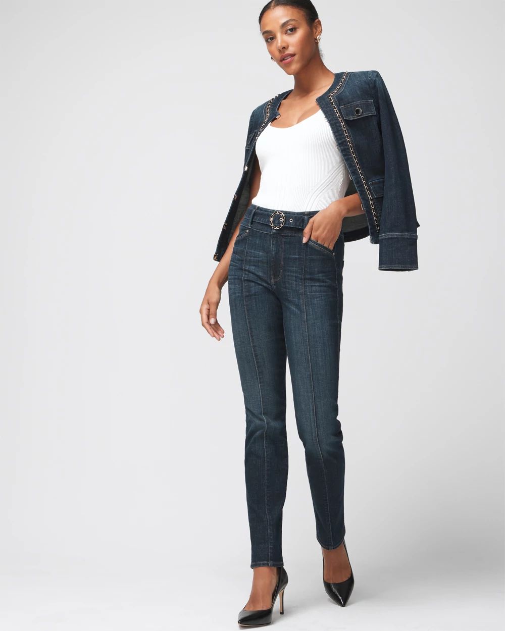 Extra High Rise Everyday Soft Novelty Belt Straight Leg Jeans click to view larger image.