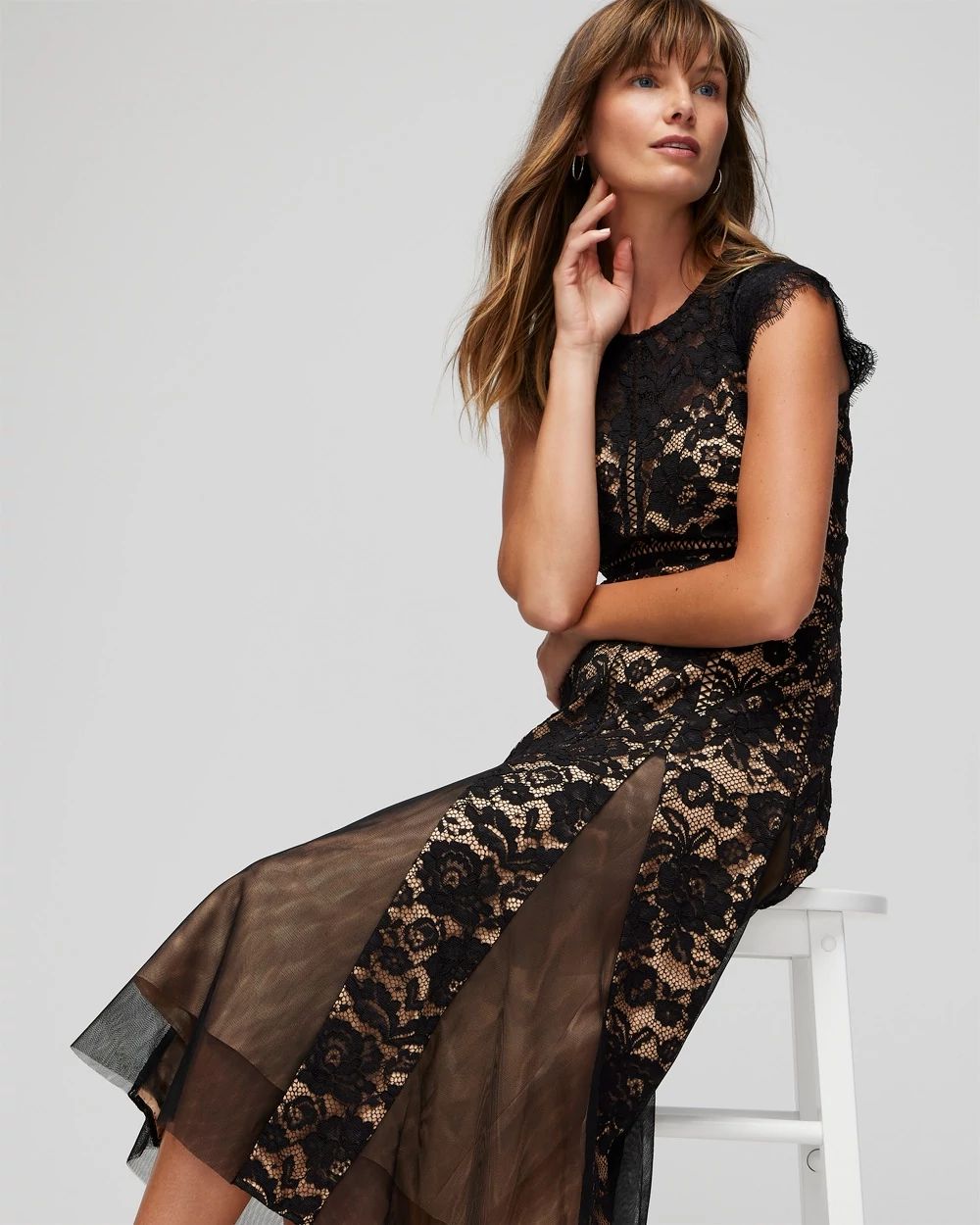 Cap Sleeve All Over Lace Godet Fit N Flare Dress