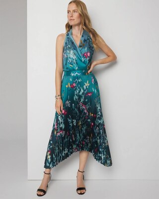 Petite Sleeveless Shawl Neck Pleated Midi Dress