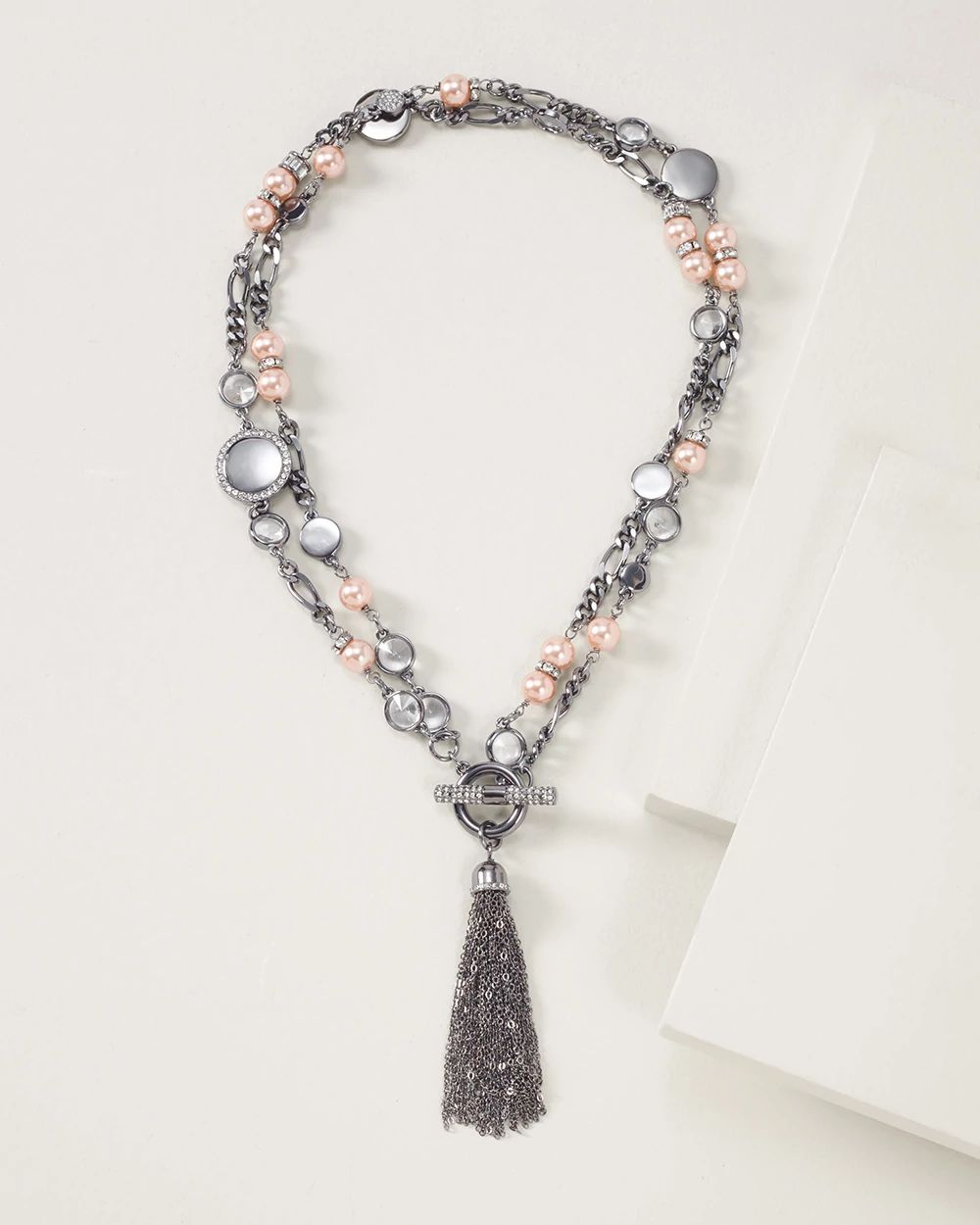 Hematite & Pink Pearl Convertible Tassel Necklace click to view larger image.