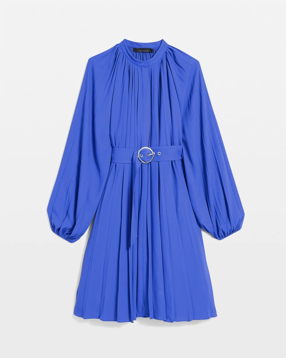 Long-Sleeve Pleated Belted Dress