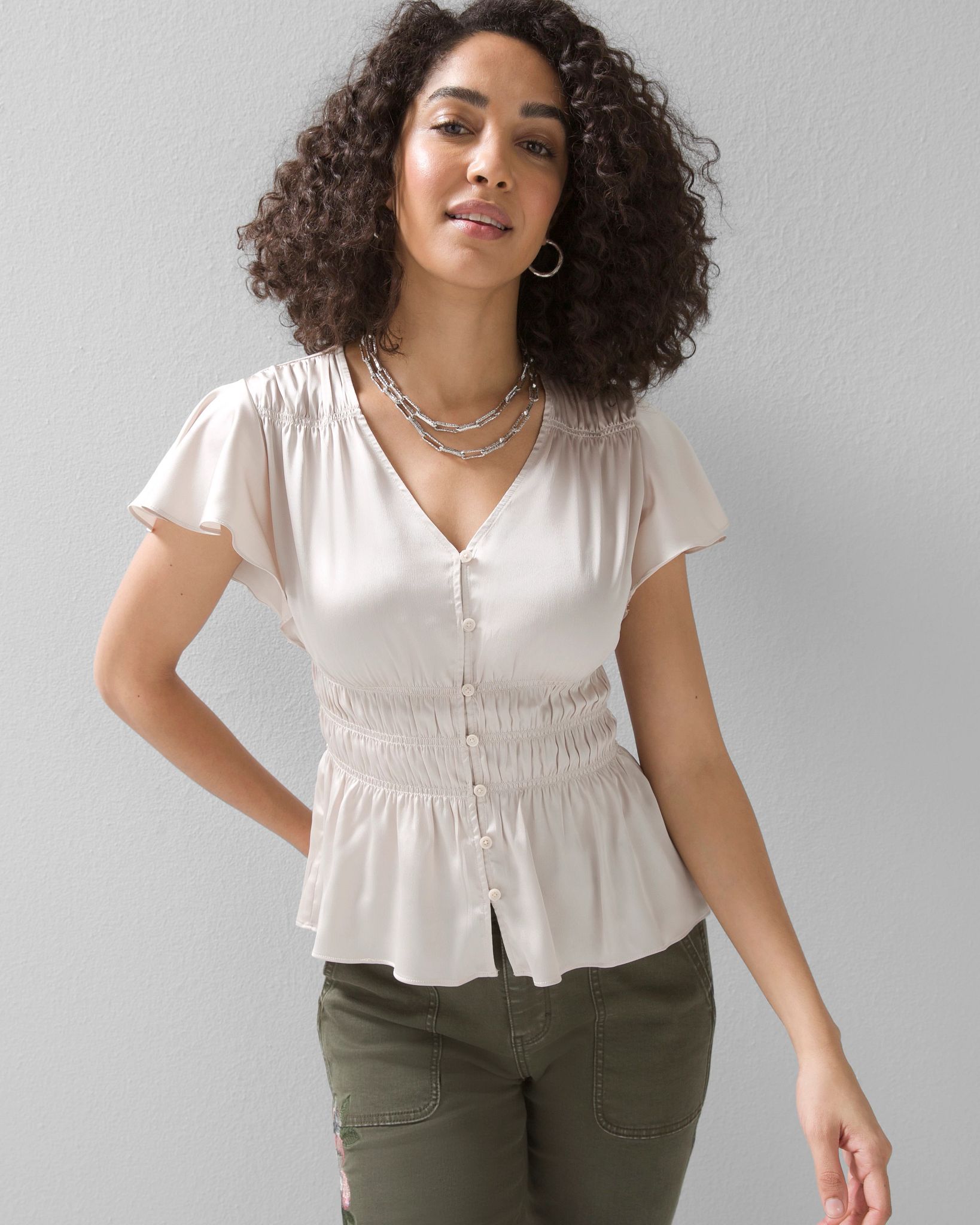 Smocked Flutter-Sleeve Blouse