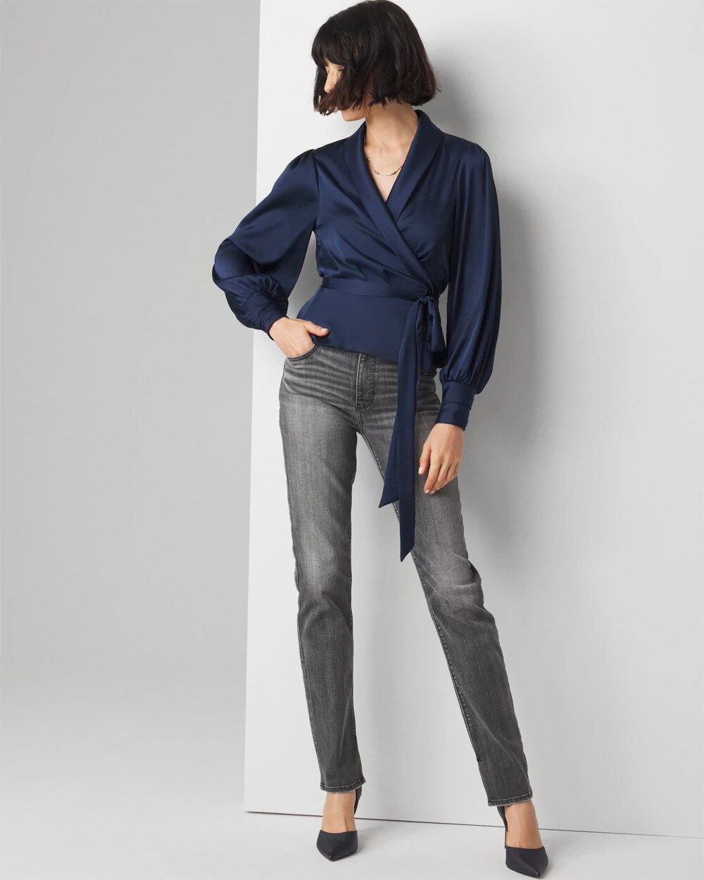 blue satin wrap top