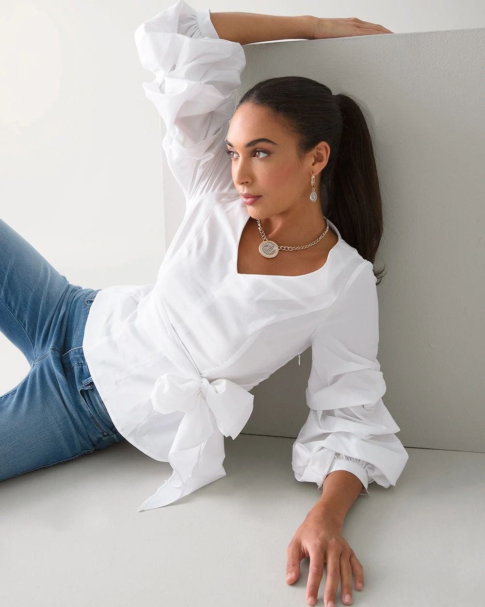 Drama-Sleeve Poplin Shirt