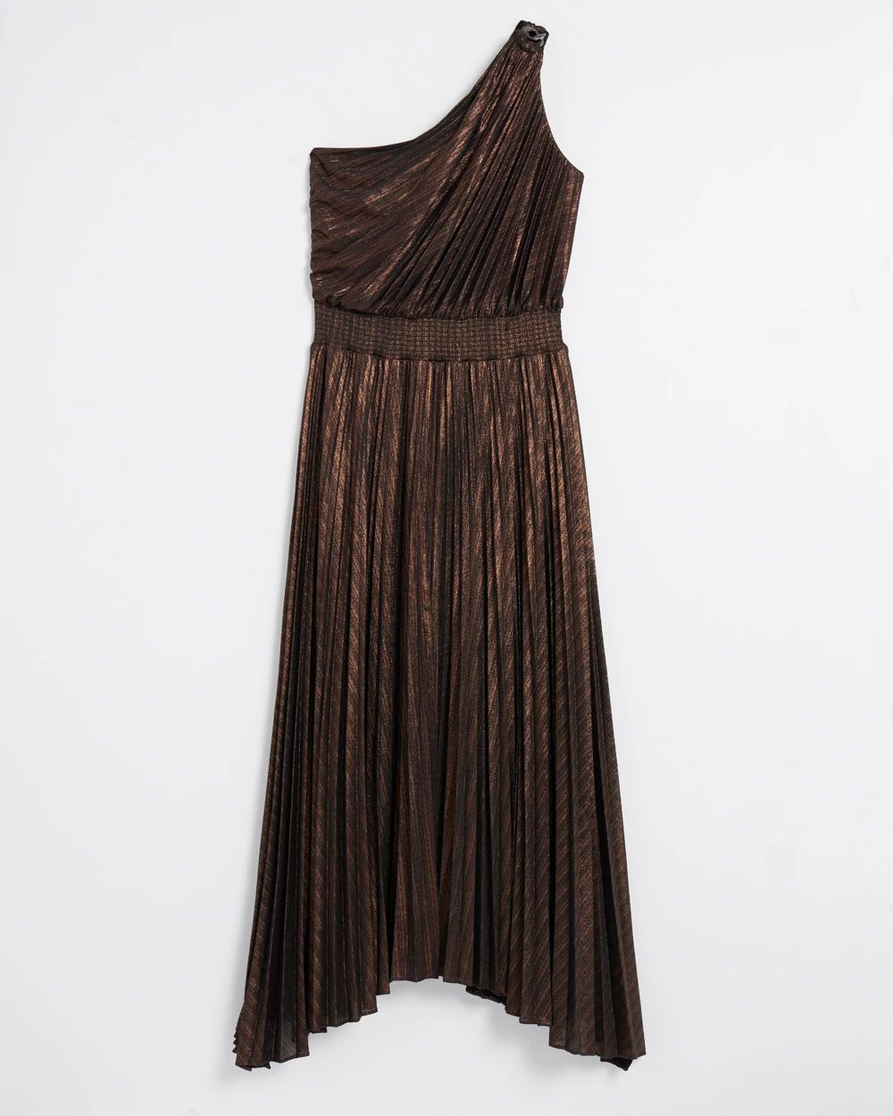 One-Shoulder Bronze Pleated Maxi Dress