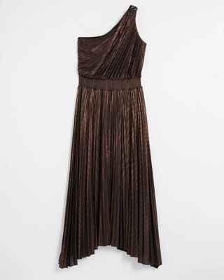 One-Shoulder Bronze Pleated Maxi Dress