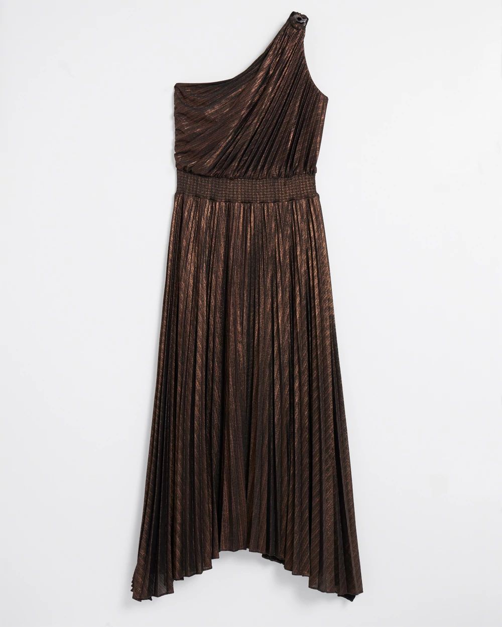 One-Shoulder Bronze Pleated Maxi Dress click to view larger image.