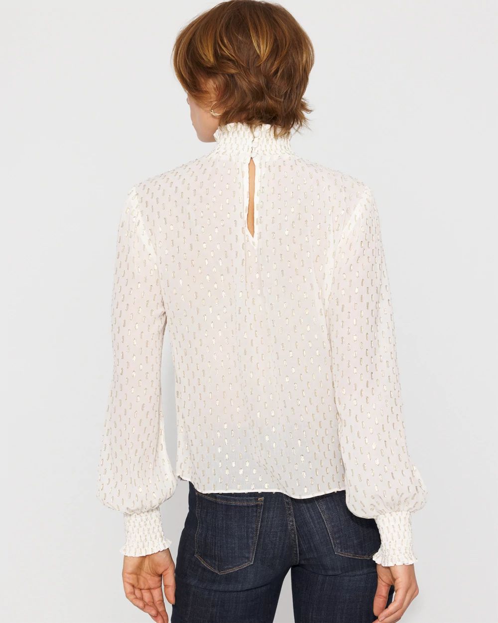 Jacquard + Gold Clip Mock Neck Blouse