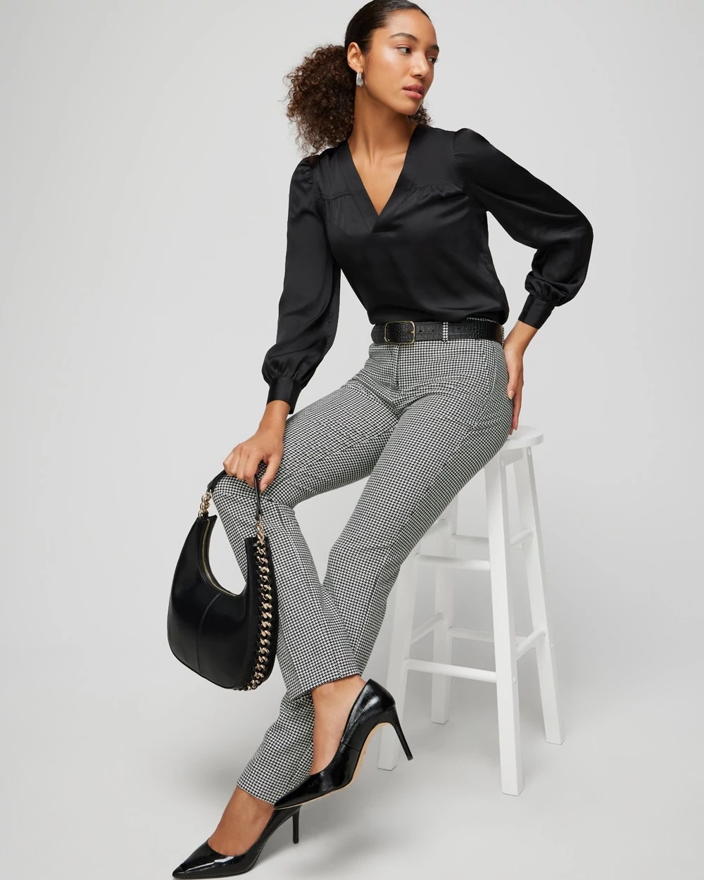 Long Sleeve Topstitch Satin Blouse